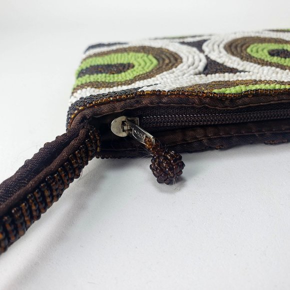 Vintage beaded zip clutch Retro brown, green, white circle motif handbag wallet - Picture 8 of 14